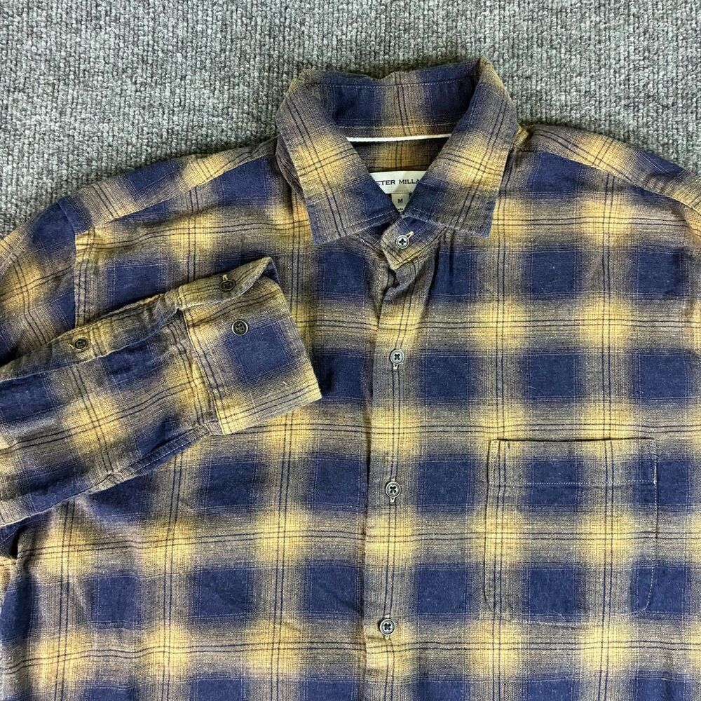 Peter Millar Plaid Flannel Shirt Men’s Medium Navy Tan Long Sleeve Button Up